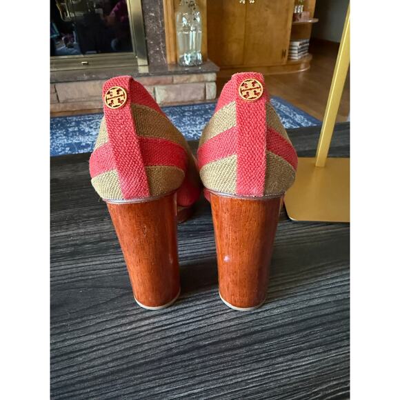 Vintage TORY BURCH JOELLE PLATFORM LINEN PUMP HEEL STRIPED RED/TAN SHOES Sz. 7 - Picture 8 of 9